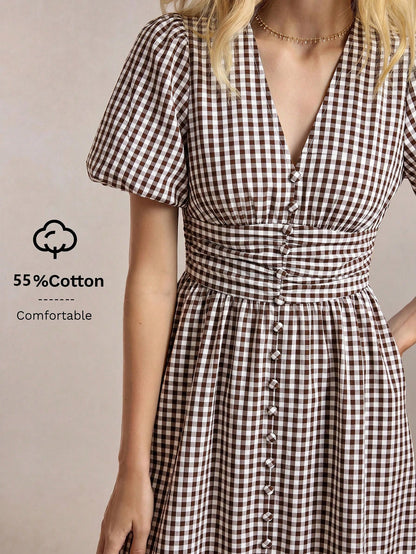 BizChic V-Neck Plaid Dress, Vintage French Elegant Business Formal Vacation Country Slouchy Luxury Dating Daily Holiday Halloween Back To School Party Birthday Wedding Guest Church Special Occasion Ve