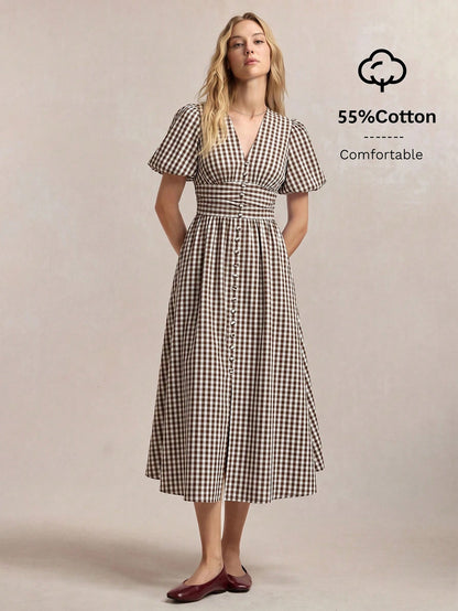 BizChic V-Neck Plaid Dress, Vintage French Elegant Business Formal Vacation Country Slouchy Luxury Dating Daily Holiday Halloween Back To School Party Birthday Wedding Guest Church Special Occasion Ve