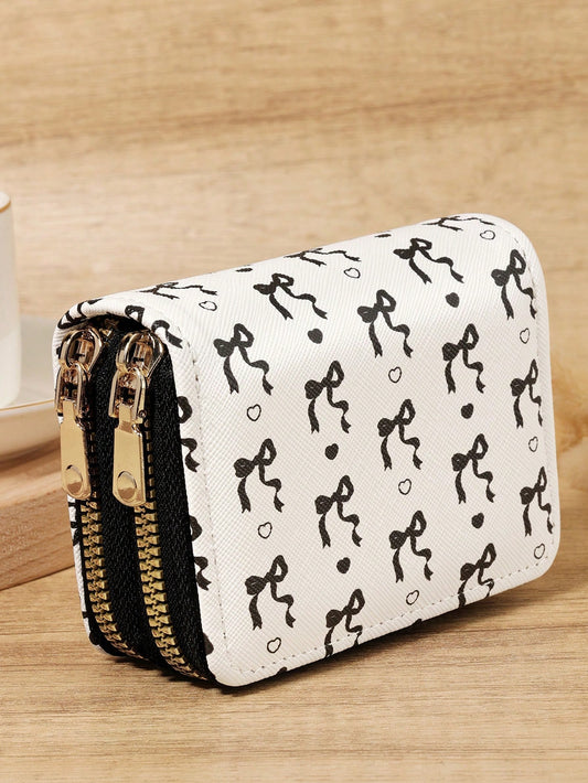 Black Bow Heart Pattern Multifunctional Coin Purse, Dual Zipper Card Holder With Multiple Card Slots For Card Storage And Organization, Lightweight Minimalist Fashion Business, Suitable For Anniversar