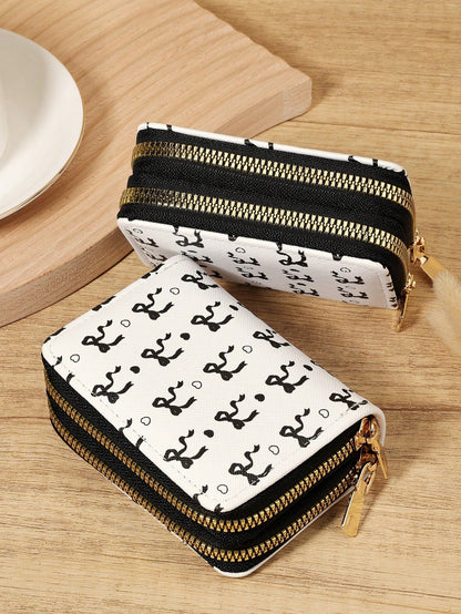 Black Bow Heart Pattern Multifunctional Coin Purse, Dual Zipper Card Holder With Multiple Card Slots For Card Storage And Organization, Lightweight Minimalist Fashion Business, Suitable For Anniversar