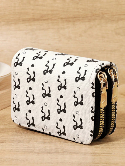 Black Bow Heart Pattern Multifunctional Coin Purse, Dual Zipper Card Holder With Multiple Card Slots For Card Storage And Organization, Lightweight Minimalist Fashion Business, Suitable For Anniversar