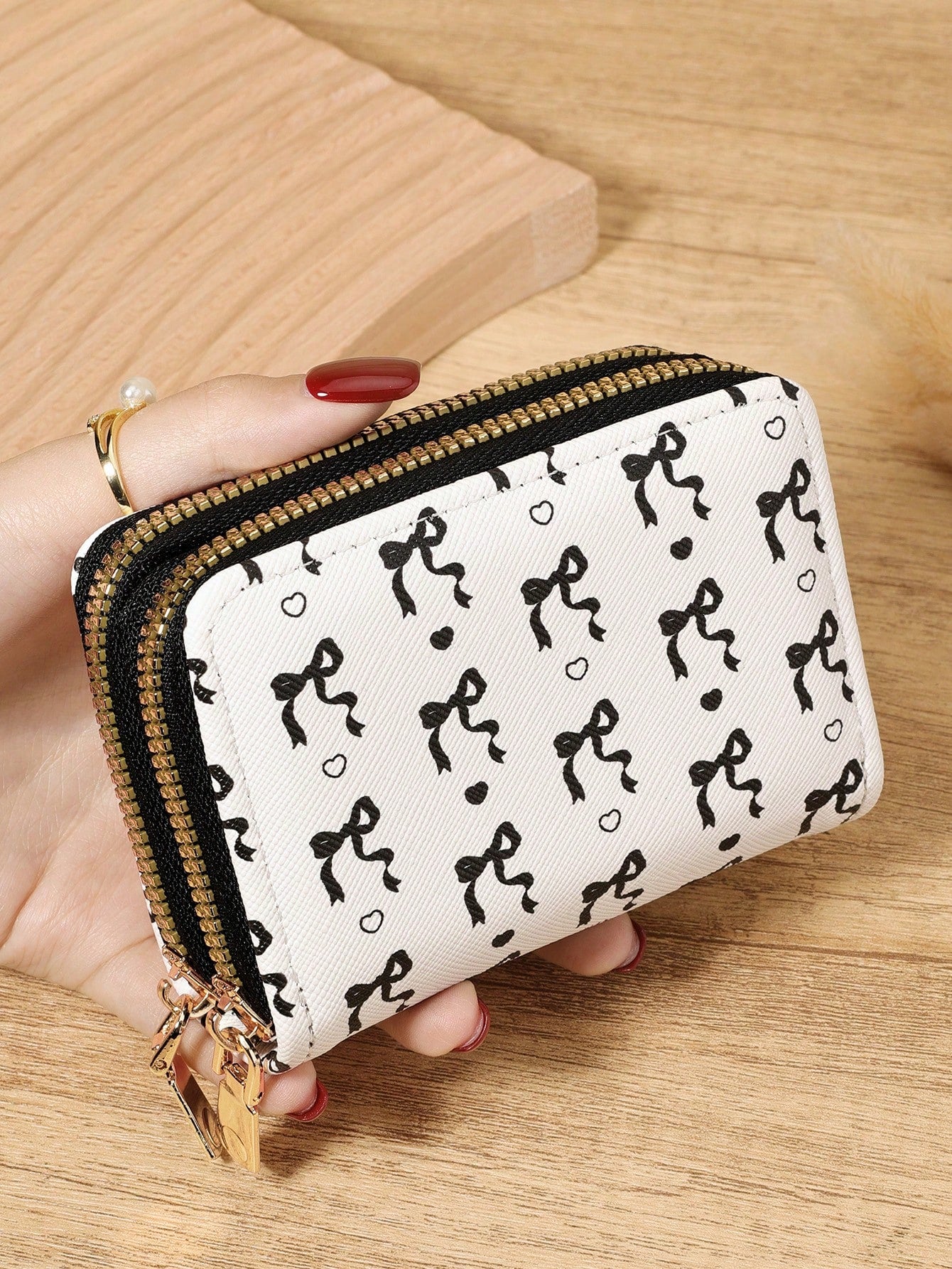 Black Bow Heart Pattern Multifunctional Coin Purse, Dual Zipper Card Holder With Multiple Card Slots For Card Storage And Organization, Lightweight Minimalist Fashion Business, Suitable For Anniversar