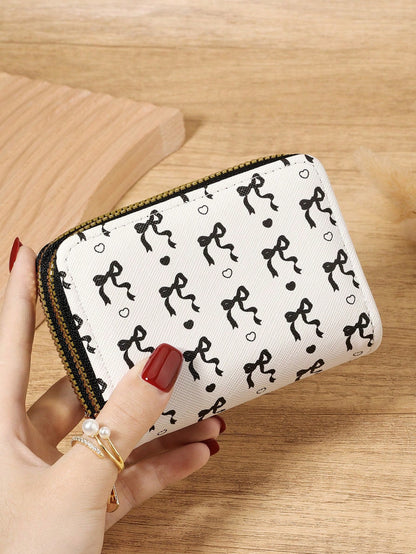 Black Bow Heart Pattern Multifunctional Coin Purse, Dual Zipper Card Holder With Multiple Card Slots For Card Storage And Organization, Lightweight Minimalist Fashion Business, Suitable For Anniversar