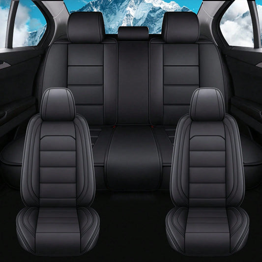 Black Car Seat Covers Full Set Waterproof Comfortable Car Seat Protectors Luxury PU Leather Car Seat Cushion Padded Front Rear Seats Covers Airbag Compatible Easy To Install Clean Universal Fit For Mo