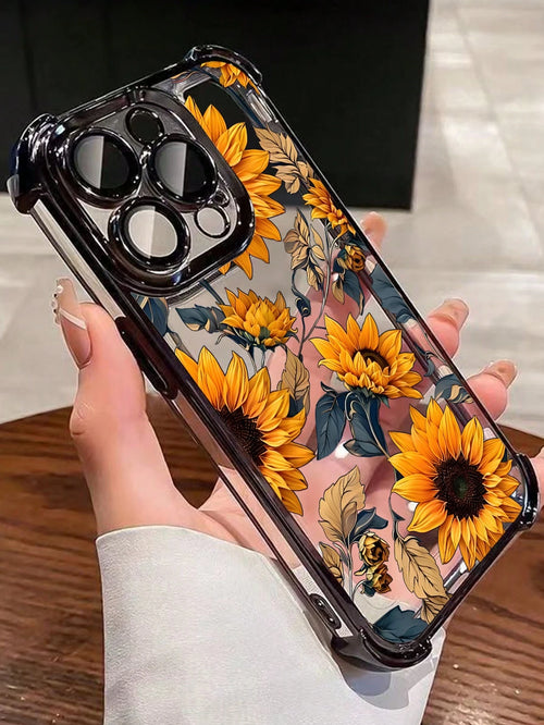 Black Flower Elements TPU Fashion Phone Case 1pc New Sunflower Electroplated Four-Corner Air Cushion Shockproof/Thick Transparent TPU Protective Case Compatible With Iphone/16promax/16pro/16/13promax
