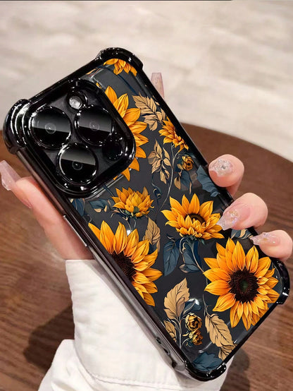 Black Flower Elements TPU Fashion Phone Case 1pc New Sunflower Electroplated Four-Corner Air Cushion Shockproof/Thick Transparent TPU Protective Case Compatible With Iphone/16promax/16pro/16/13promax