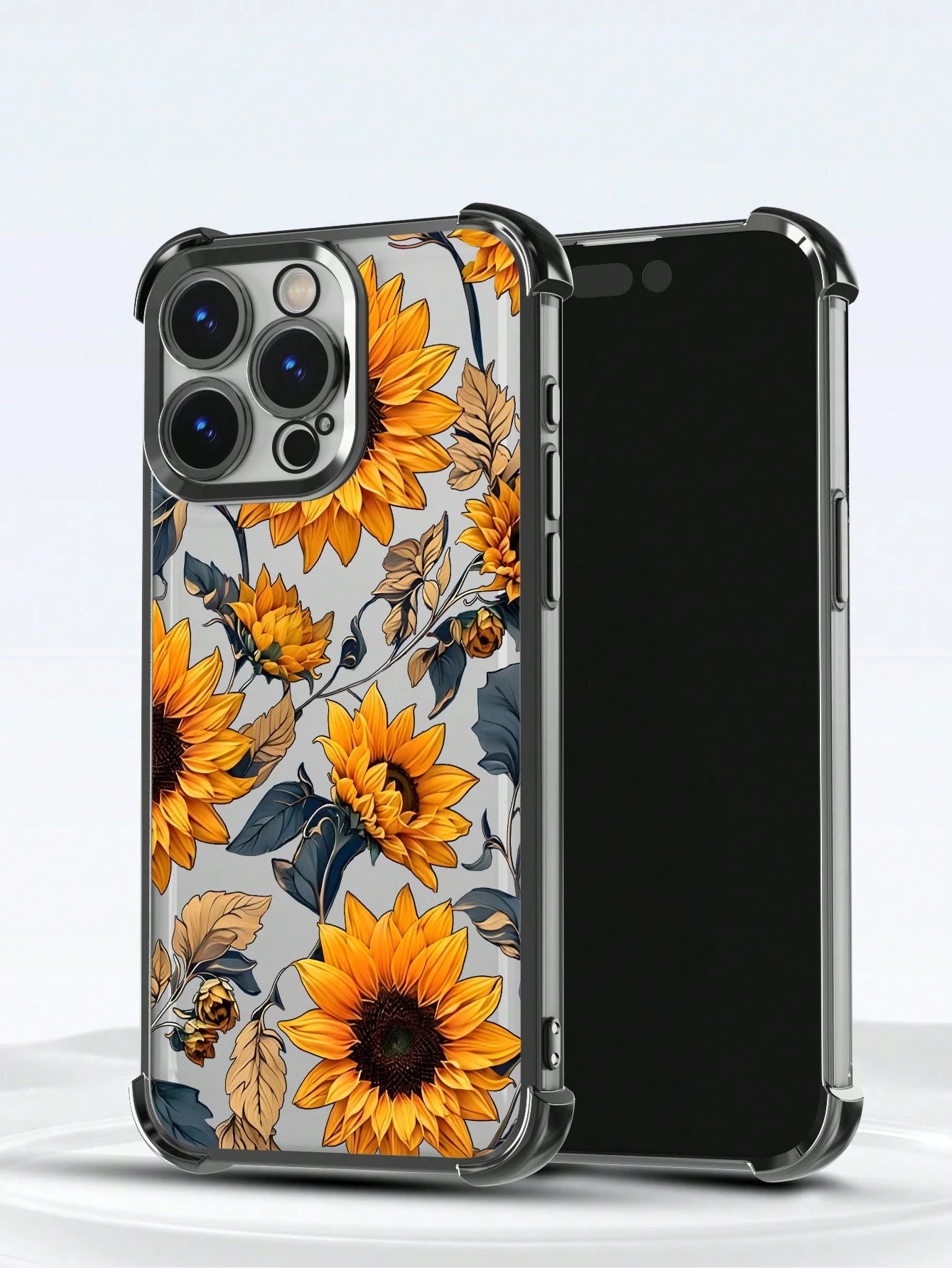Black Flower Elements TPU Fashion Phone Case 1pc New Sunflower Electroplated Four-Corner Air Cushion Shockproof/Thick Transparent TPU Protective Case Compatible With Iphone/16promax/16pro/16/13promax
