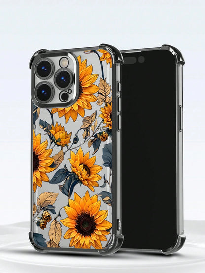 Black Flower Elements TPU Fashion Phone Case 1pc New Sunflower Electroplated Four-Corner Air Cushion Shockproof/Thick Transparent TPU Protective Case Compatible With Iphone/16promax/16pro/16/13promax