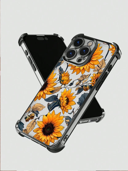 Black Flower Elements TPU Fashion Phone Case 1pc New Sunflower Electroplated Four-Corner Air Cushion Shockproof/Thick Transparent TPU Protective Case Compatible With Iphone/16promax/16pro/16/13promax