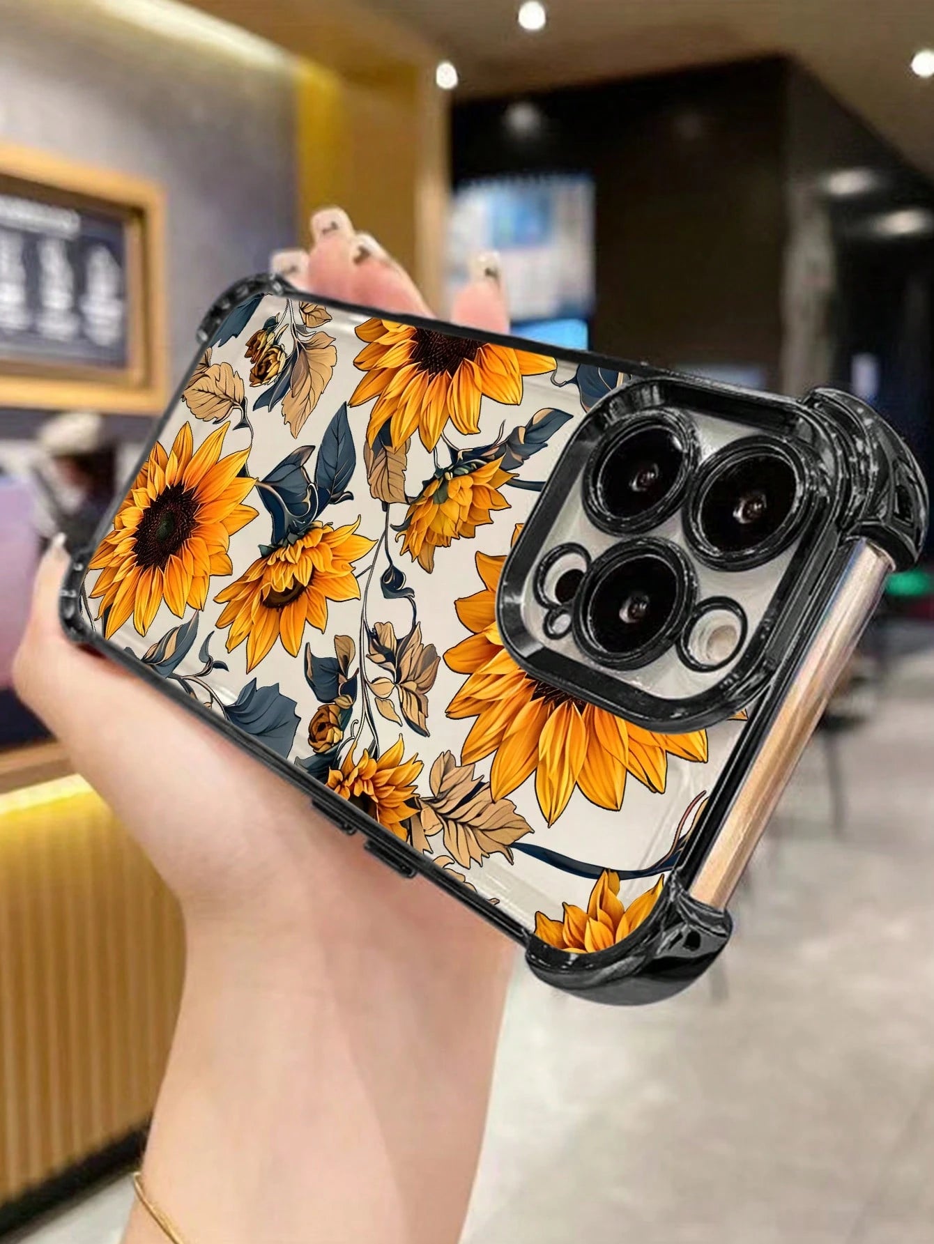 Black Flower Elements TPU Fashion Phone Case 1pc New Sunflower Electroplated Four-Corner Air Cushion Shockproof/Thick Transparent TPU Protective Case Compatible With Iphone/16promax/16pro/16/13promax
