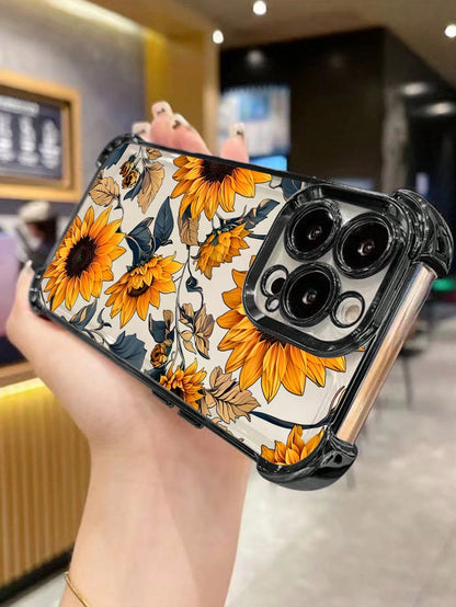 Black Flower Elements TPU Fashion Phone Case 1pc New Sunflower Electroplated Four-Corner Air Cushion Shockproof/Thick Transparent TPU Protective Case Compatible With Iphone/16promax/16pro/16/13promax