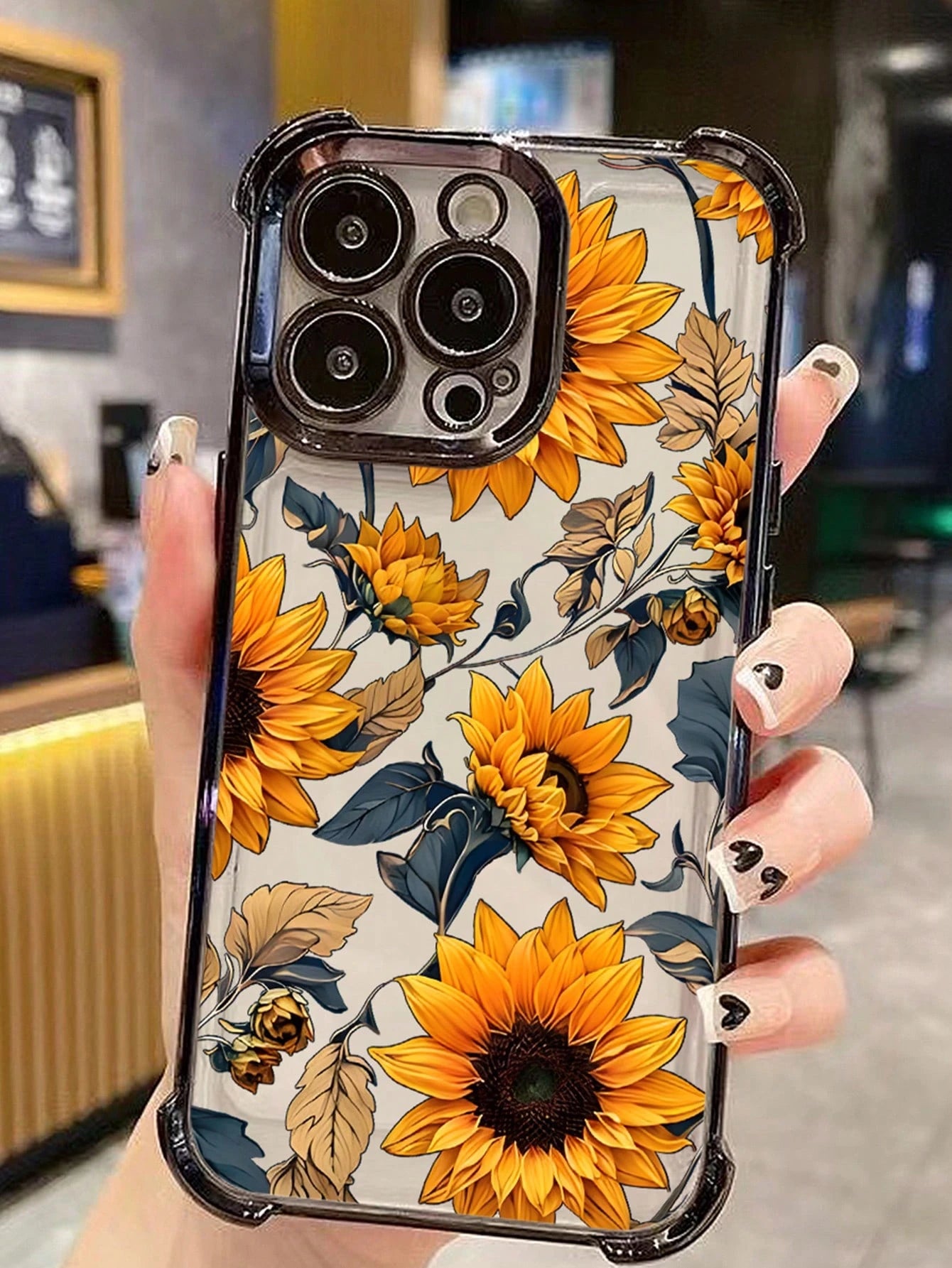 Black Flower Elements TPU Fashion Phone Case 1pc New Sunflower Electroplated Four-Corner Air Cushion Shockproof/Thick Transparent TPU Protective Case Compatible With Iphone/16promax/16pro/16/13promax
