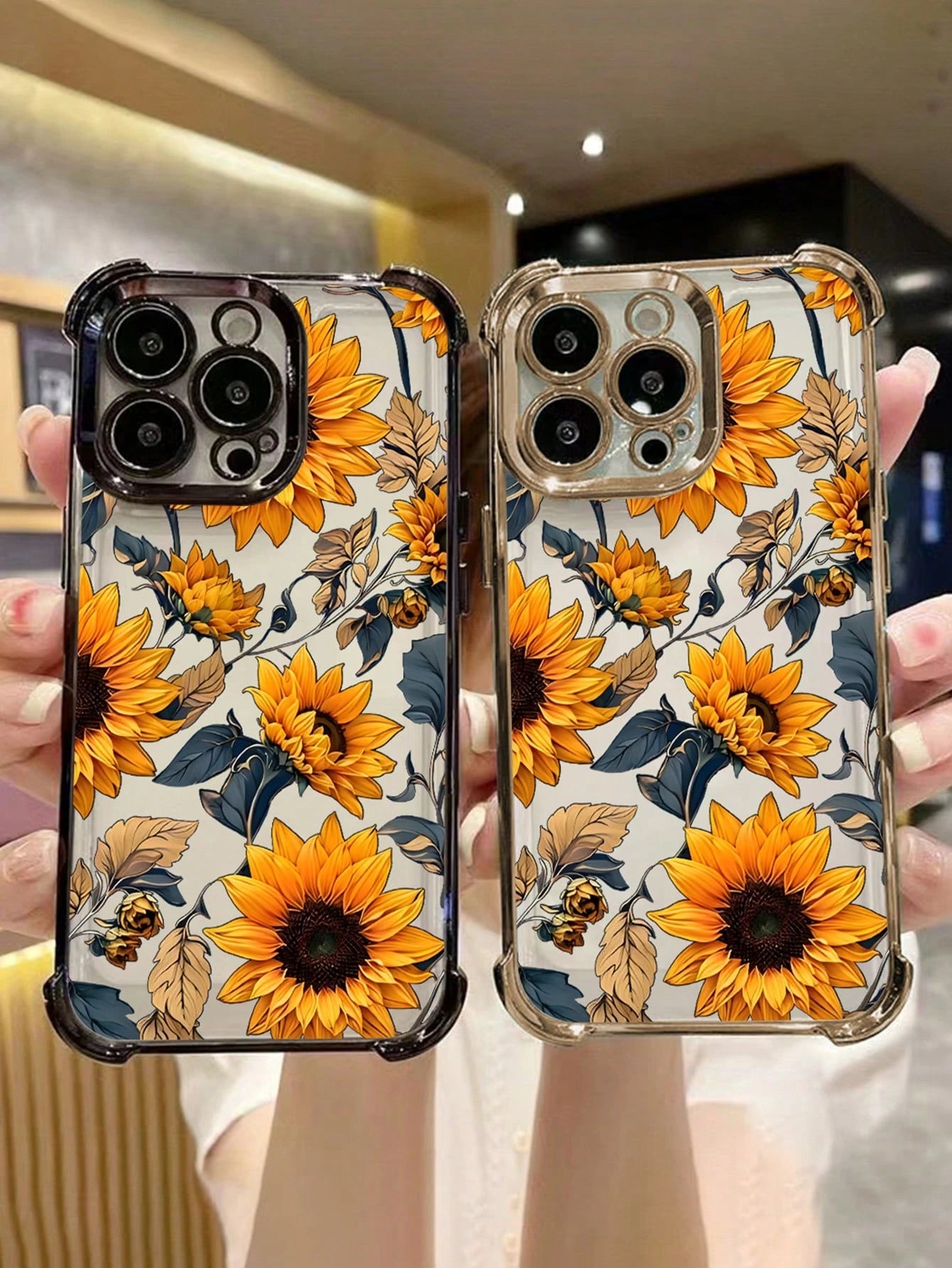 Black Flower Elements TPU Fashion Phone Case 1pc New Sunflower Electroplated Four-Corner Air Cushion Shockproof/Thick Transparent TPU Protective Case Compatible With Iphone/16promax/16pro/16/13promax
