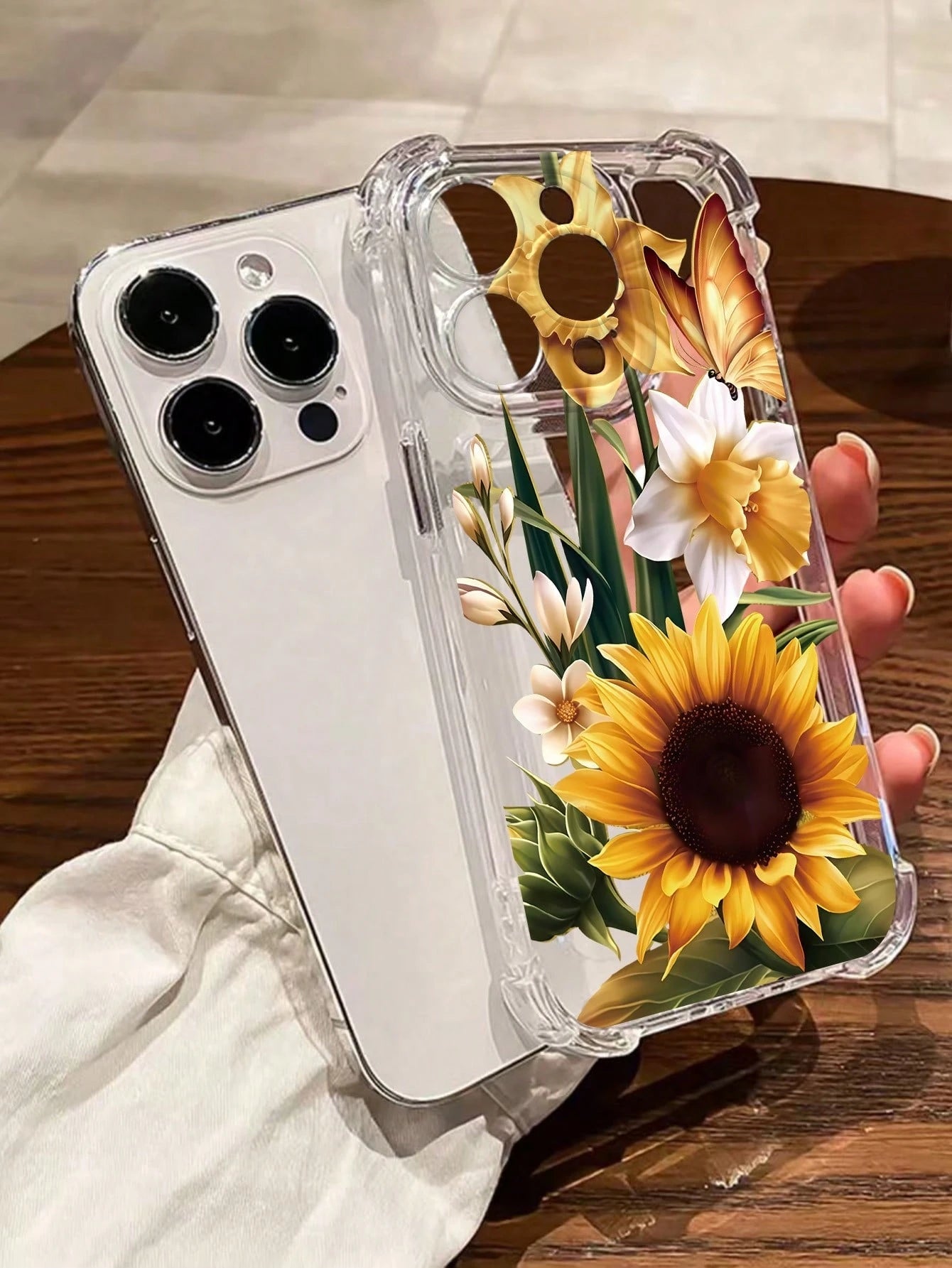 Black Flower Elements TPU Fashion Phone Case 1pc New Sunflower Electroplated Four-Corner Air Cushion Shockproof/Thick Transparent TPU Protective Case Compatible With Iphone/16promax/16pro/16/13promax