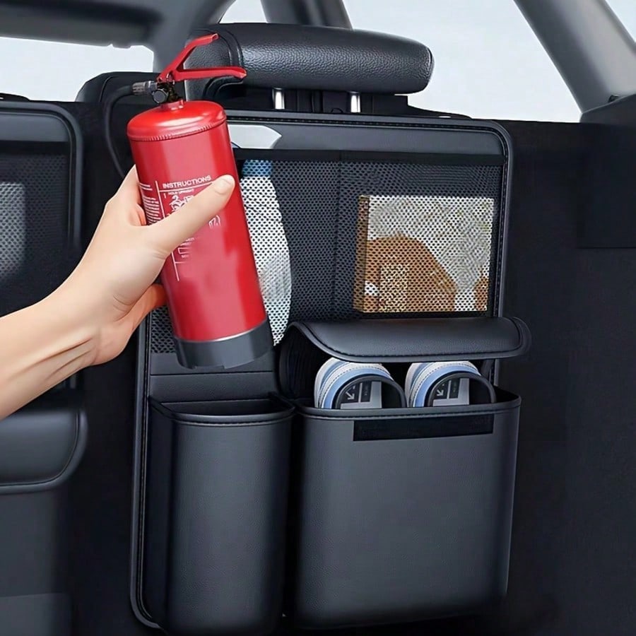 Black Leather Car Seat Back & Trunk Organizer Bag- Multi-Pocket Design, Waterproof Surface, Durable, Heavy-Duty, Easy To Clean, Suitable For SUV, Sedan And Hatchback, Can Hang And Store Miscellaneous