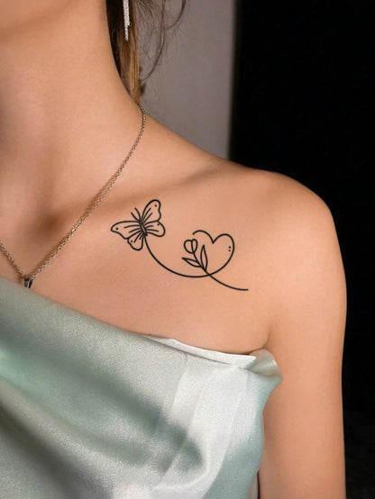 Black Line Art Temporary Tattoo Sticker With Tulip And Butterfly Design For Ladies. Waterproof Fake Tattoo, Lasts 2-5 Days And Can Be Applied To Arms, Neck, Collarbone, Shoulders, Waist And Legs. Perf