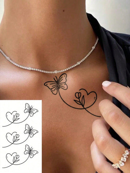 Black Line Art Temporary Tattoo Sticker With Tulip And Butterfly Design For Ladies. Waterproof Fake Tattoo, Lasts 2-5 Days And Can Be Applied To Arms, Neck, Collarbone, Shoulders, Waist And Legs. Perf