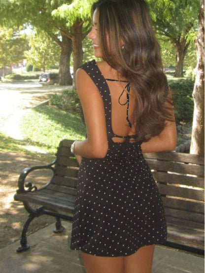 Black Polka Dot Backless Tie Strap Mini Dress Party Elegant Summer, Girls Night Out