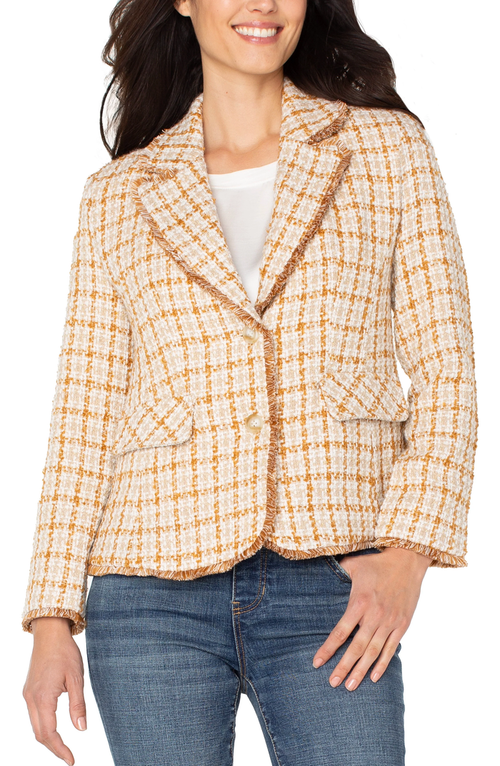 Blazer with Frayed Edges Gold Khaki Plaid