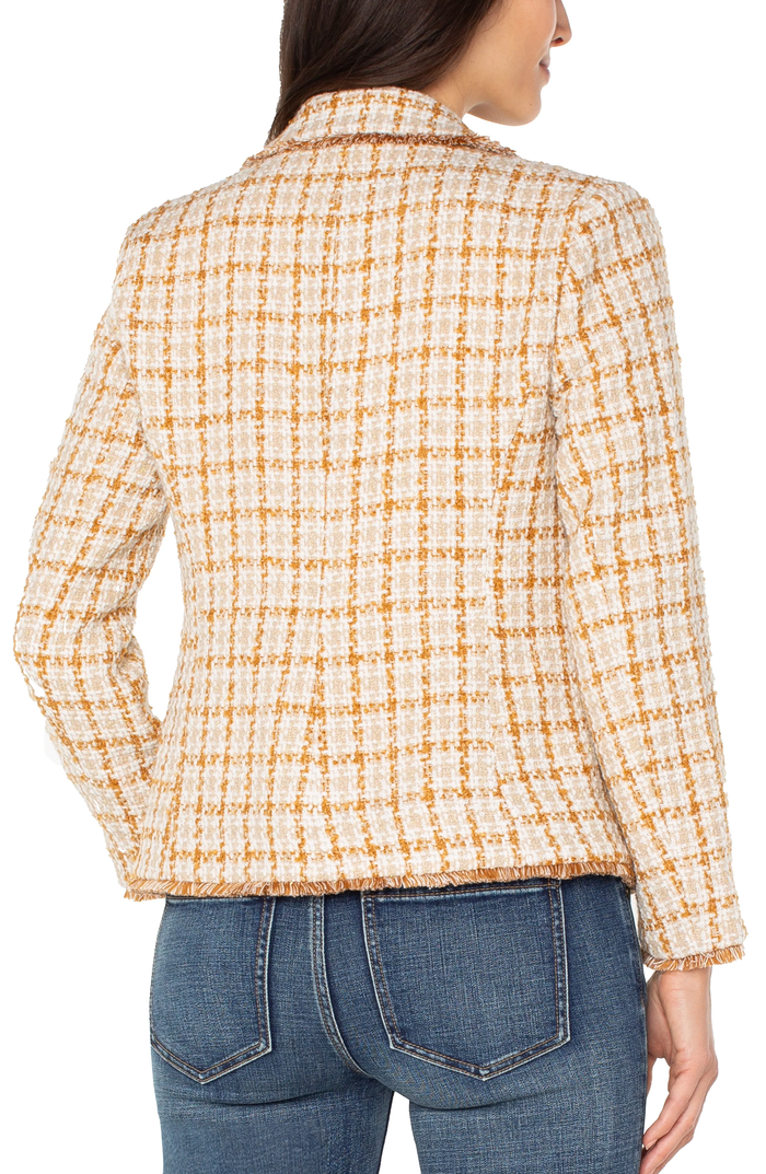 Blazer with Frayed Edges Gold Khaki Plaid