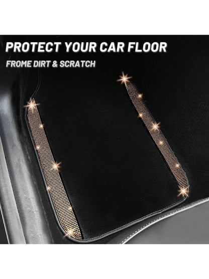 Bling Car Floor Mats Full Set, Universal Fit Most Cars,SUV, Trucks, 4 Pcs Sparkle Glitter Diamond Carpet For Women Girls With Anti-Slip Pad