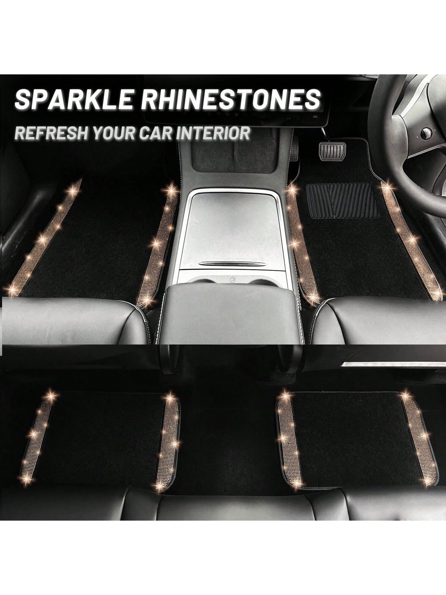Bling Car Floor Mats Full Set, Universal Fit Most Cars,SUV, Trucks, 4 Pcs Sparkle Glitter Diamond Carpet For Women Girls With Anti-Slip Pad