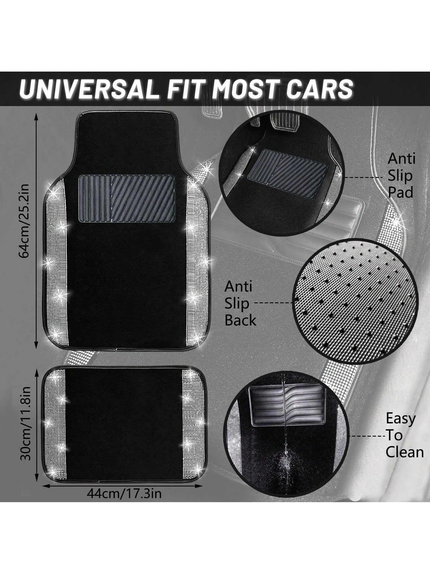 Bling Car Floor Mats Full Set, Universal Fit Most Cars,SUV, Trucks, 4 Pcs Sparkle Glitter Diamond Carpet For Women Girls With Anti-Slip Pad