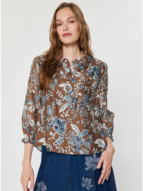 Blue & Brown Collared Button-Down Blouse W Ruffled Sleeves