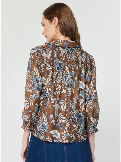 Blue & Brown Collared Button-Down Blouse W Ruffled Sleeves