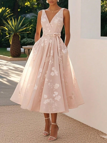 Blush Pink Floral Lace Midi Dress, V-Neck Sleeveless A-Line Formal Dress With Belt For Wedding Guest