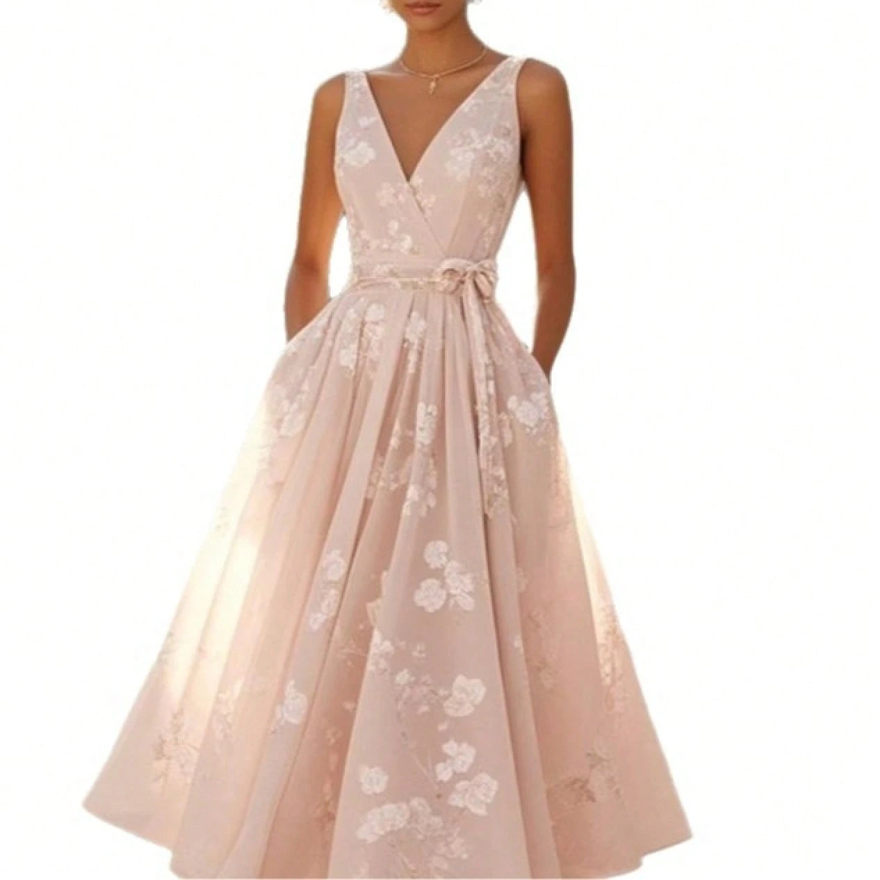 Blush Pink Floral Lace Midi Dress, V-Neck Sleeveless A-Line Formal Dress With Belt For Wedding Guest