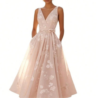 Blush Pink Floral Lace Midi Dress, V-Neck Sleeveless A-Line Formal Dress With Belt For Wedding Guest