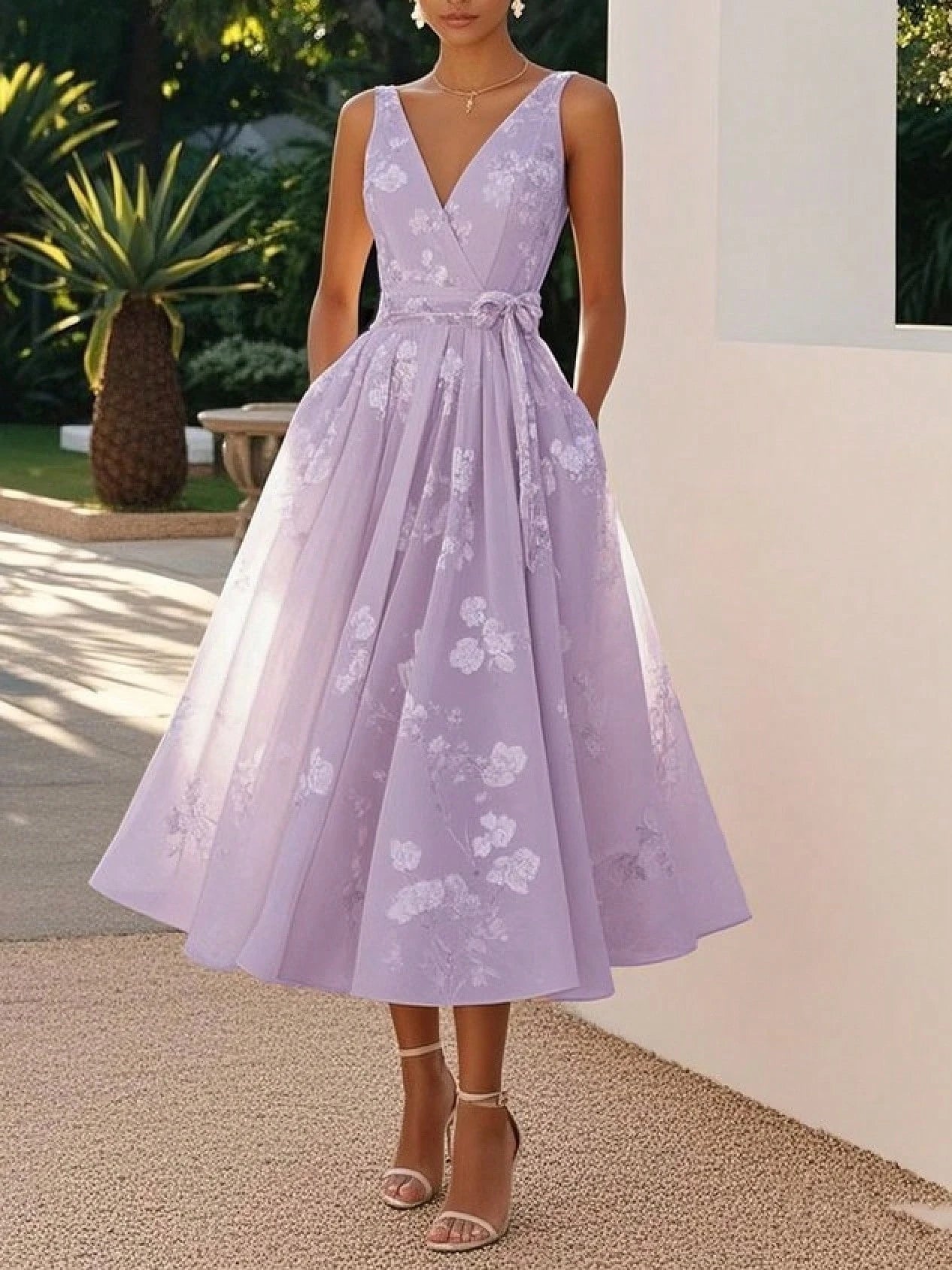 Blush Pink Floral Lace Midi Dress, V-Neck Sleeveless A-Line Formal Dress With Belt For Wedding Guest