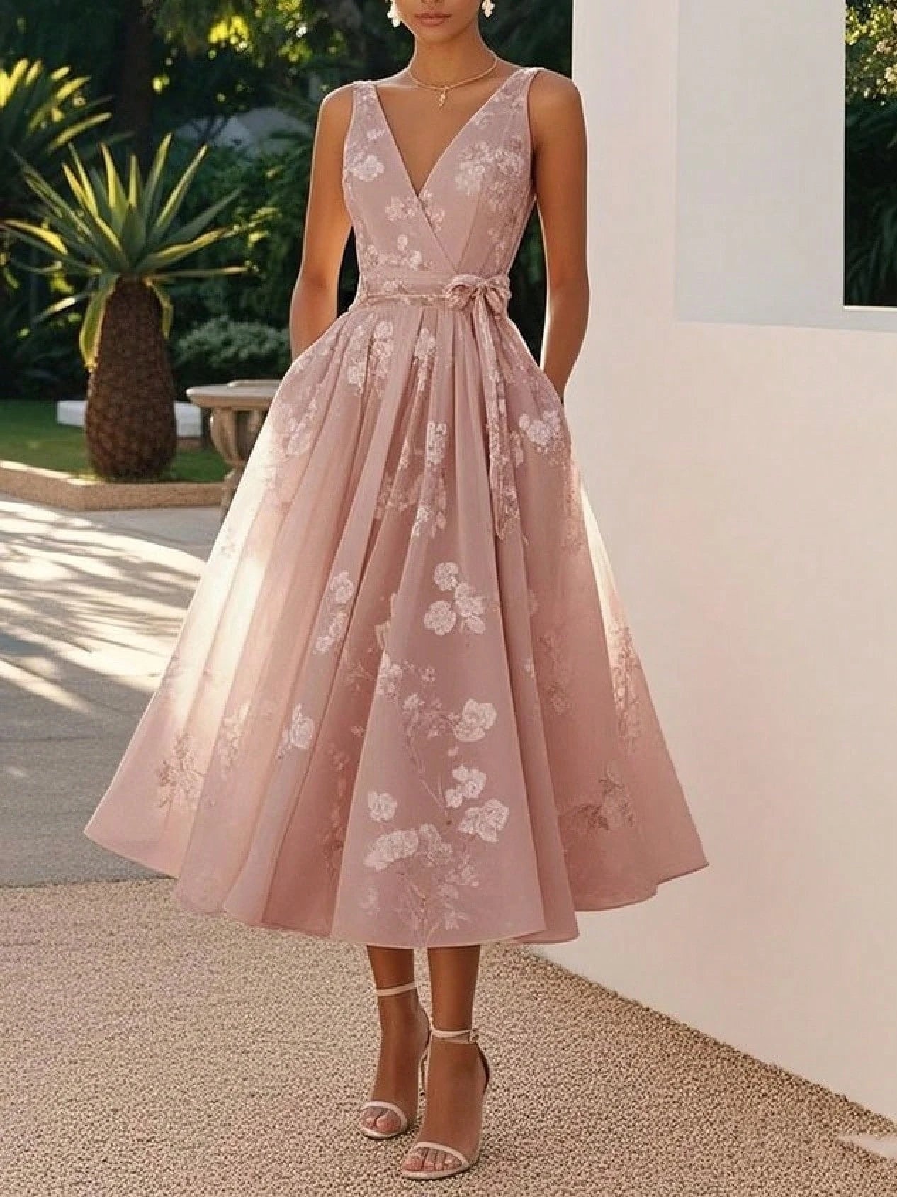 Blush Pink Floral Lace Midi Dress, V-Neck Sleeveless A-Line Formal Dress With Belt For Wedding Guest