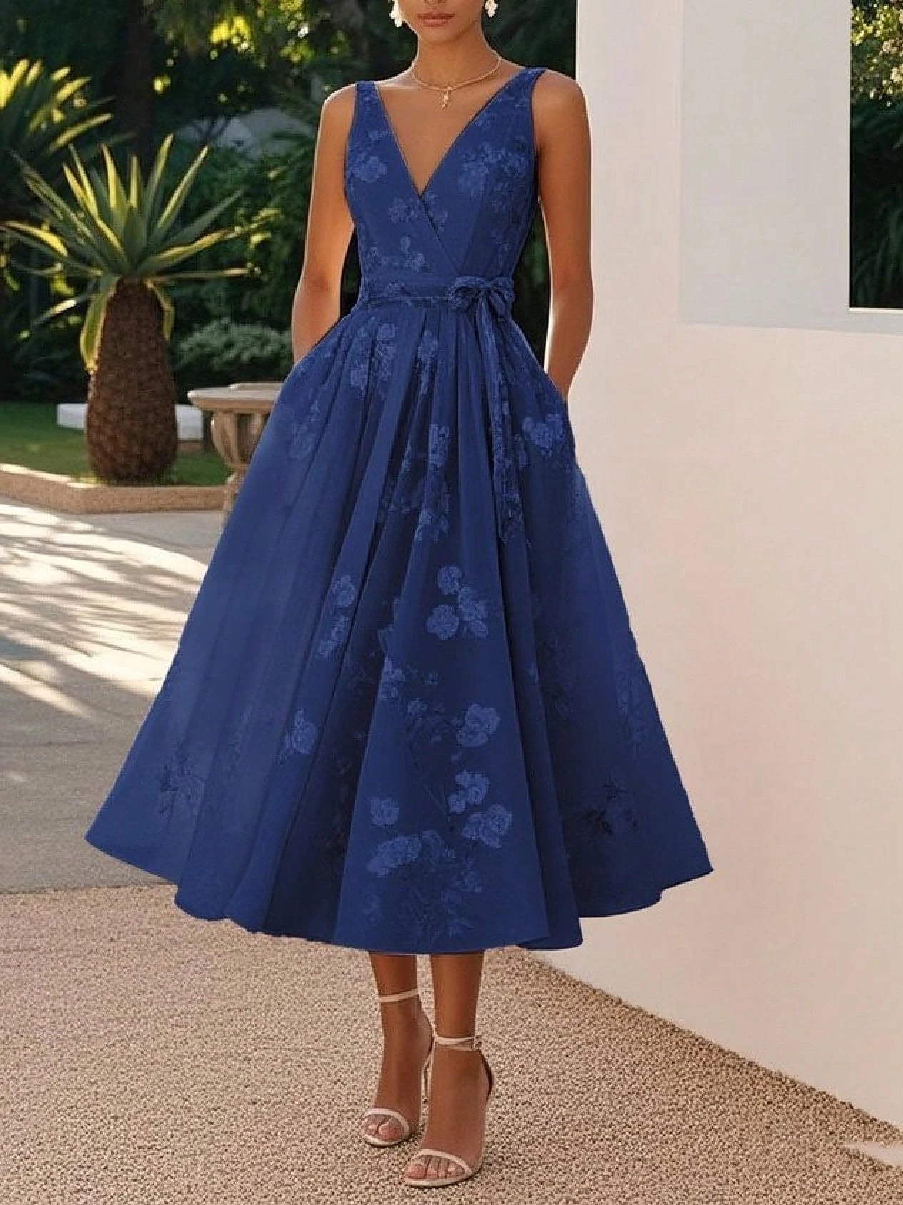 Blush Pink Floral Lace Midi Dress, V-Neck Sleeveless A-Line Formal Dress With Belt For Wedding Guest