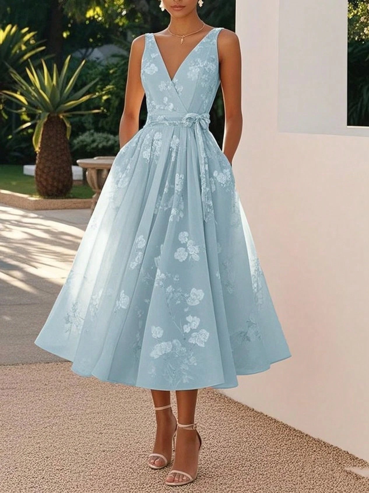 Blush Pink Floral Lace Midi Dress, V-Neck Sleeveless A-Line Formal Dress With Belt For Wedding Guest