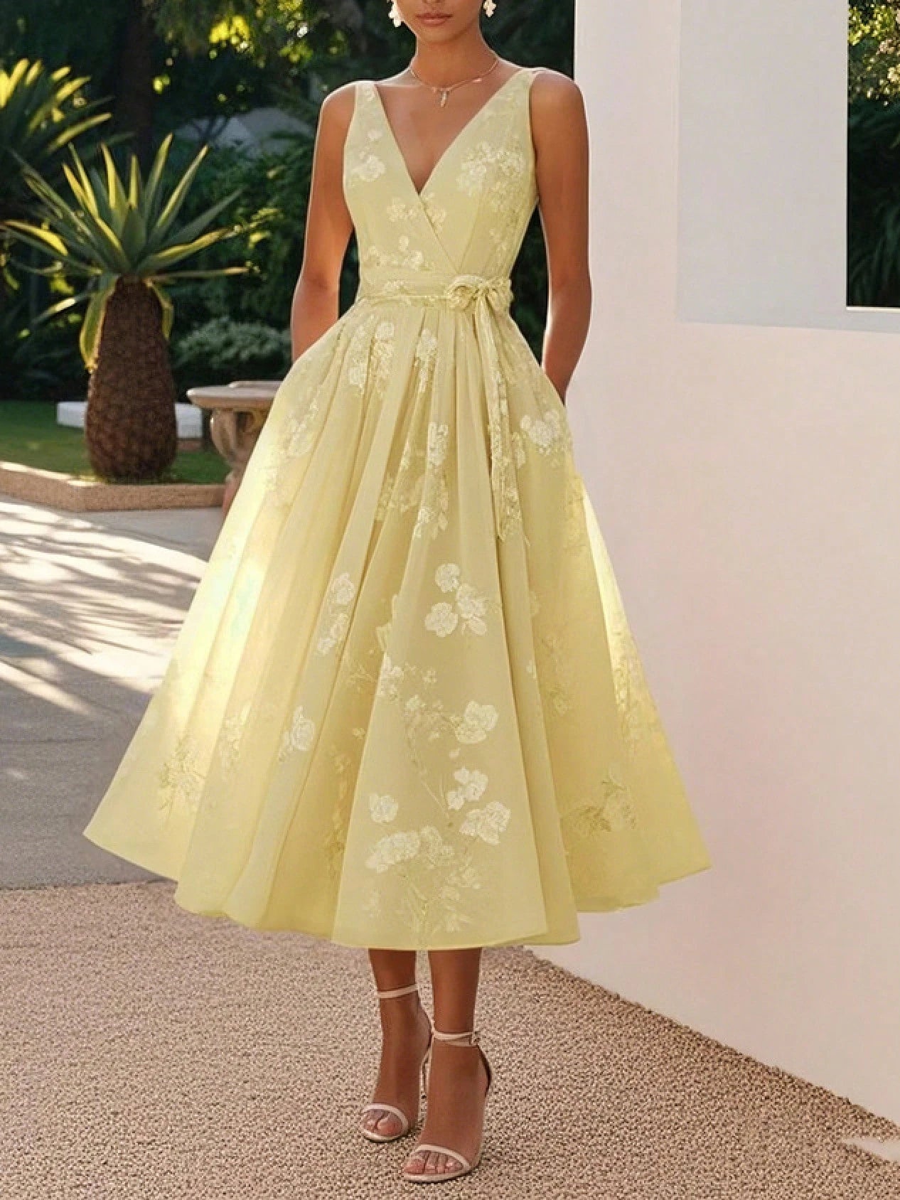 Blush Pink Floral Lace Midi Dress, V-Neck Sleeveless A-Line Formal Dress With Belt For Wedding Guest