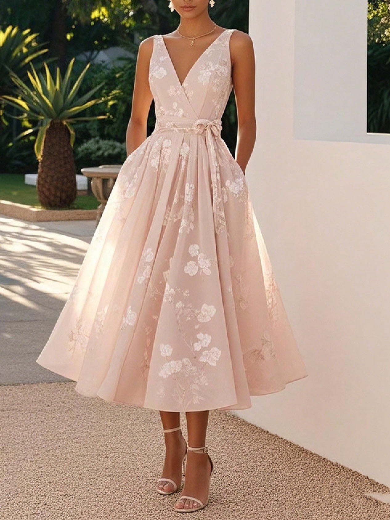 Blush Pink Floral Lace Midi Dress, V-Neck Sleeveless A-Line Formal Dress With Belt For Wedding Guest