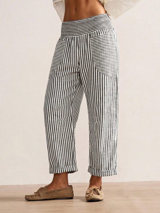 Bohemela Autumn Vacations, Women's Casual Boho Vintage Woven Striped Print Women's Long Pants, Daily Wear Beach, Country Concert