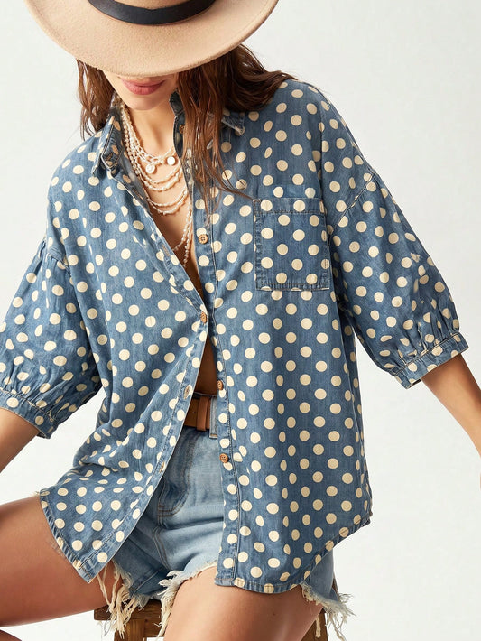 Bohemela Casual 2000s Denim Polka Dot Loose Fit Short Sleeve Blouse For Women Vacation Blue Polka Dot Polka Dot Summer Vacation Picnic