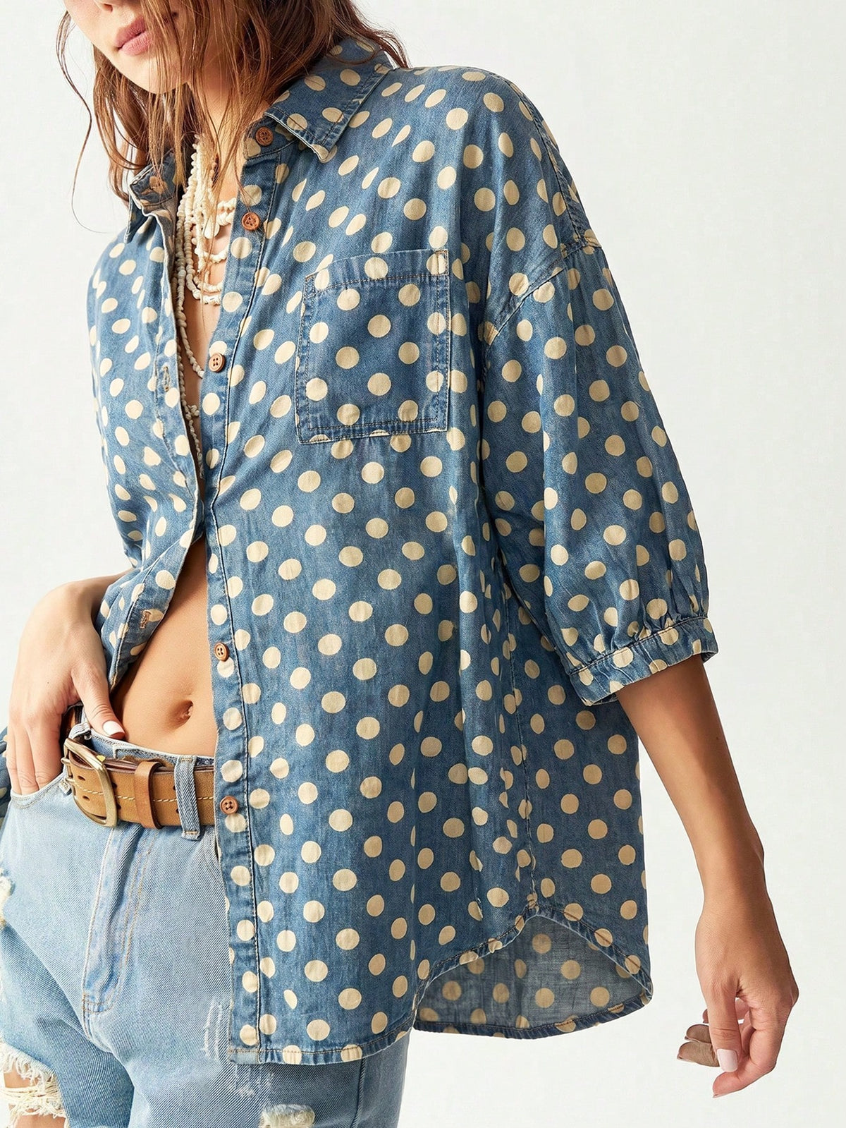 Bohemela Casual 2000s Denim Polka Dot Loose Fit Short Sleeve Blouse For Women Vacation Blue Polka Dot Polka Dot Summer Vacation Picnic