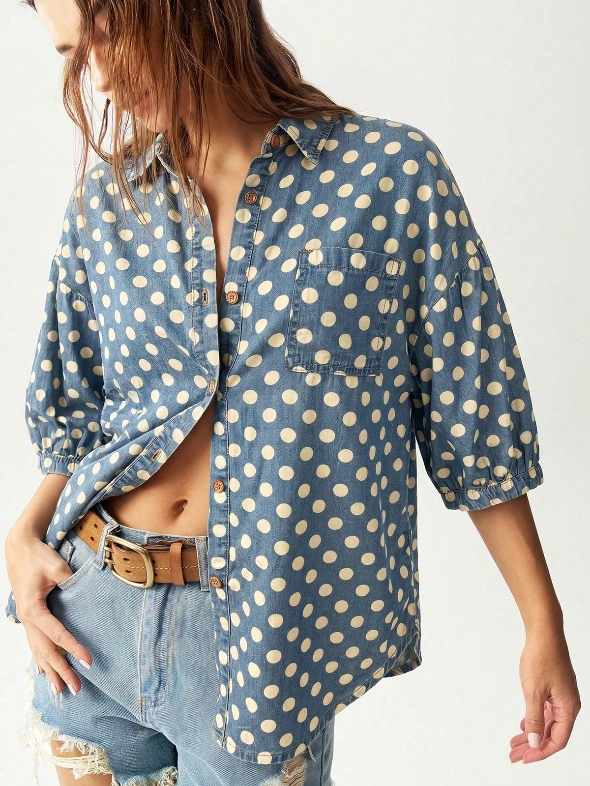 Bohemela Casual 2000s Denim Polka Dot Loose Fit Short Sleeve Blouse For Women Vacation Blue Polka Dot Polka Dot Summer Vacation Picnic