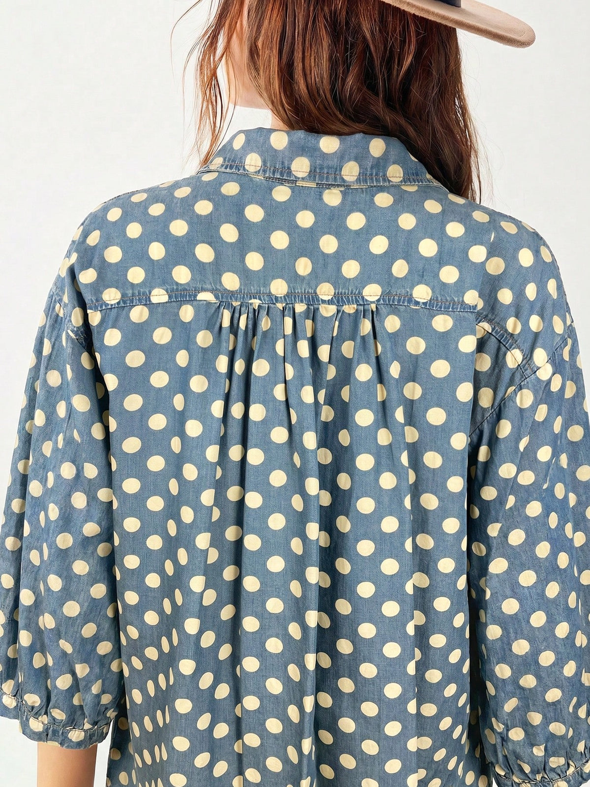 Bohemela Casual 2000s Denim Polka Dot Loose Fit Short Sleeve Blouse For Women Vacation Blue Polka Dot Polka Dot Summer Vacation Picnic