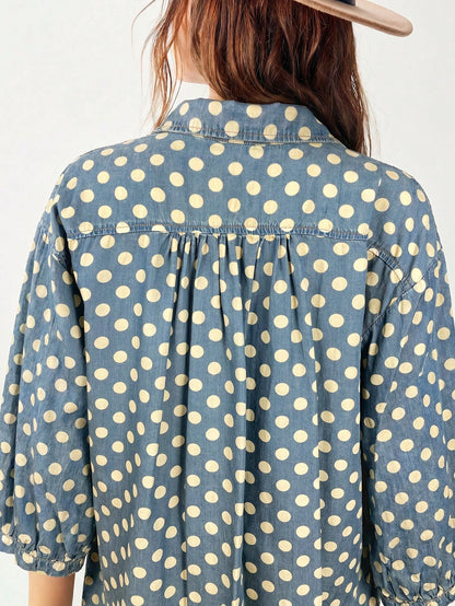 Bohemela Casual 2000s Denim Polka Dot Loose Fit Short Sleeve Blouse For Women Vacation Blue Polka Dot Polka Dot Summer Vacation Picnic