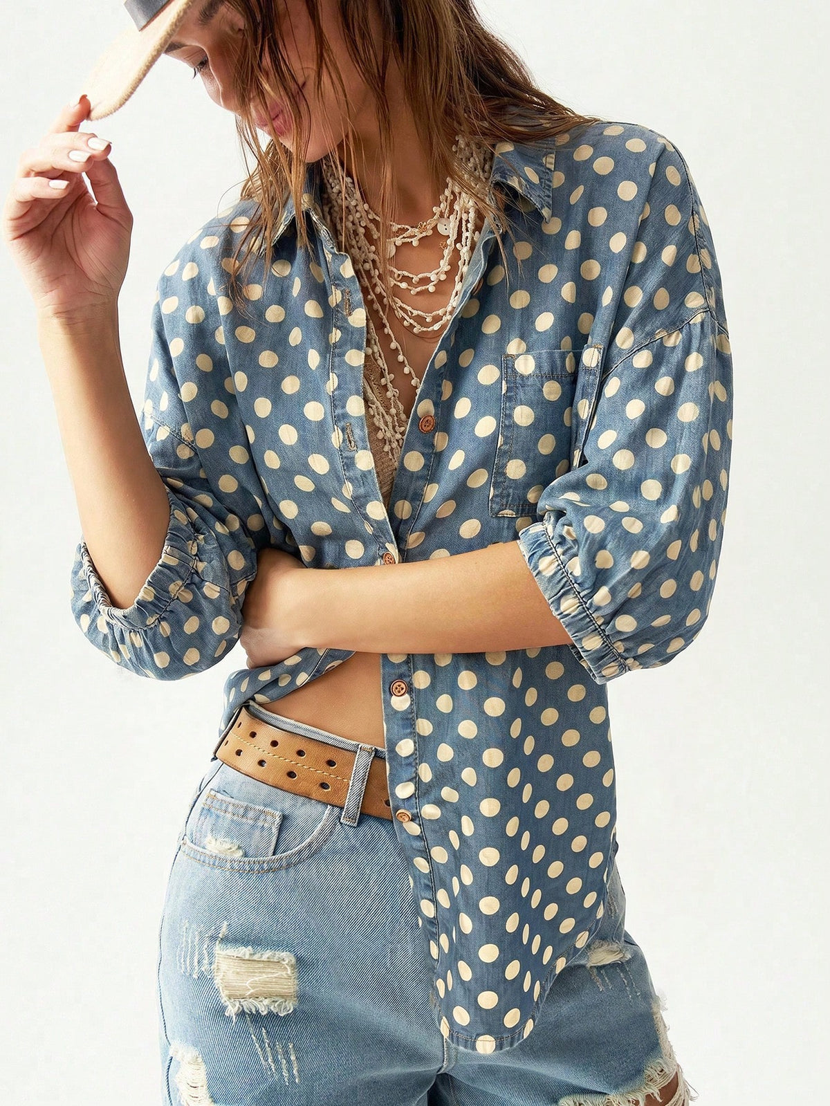 Bohemela Casual 2000s Denim Polka Dot Loose Fit Short Sleeve Blouse For Women Vacation Blue Polka Dot Polka Dot Summer Vacation Picnic