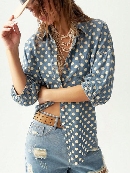 Bohemela Casual 2000s Denim Polka Dot Loose Fit Short Sleeve Blouse For Women Vacation Blue Polka Dot Polka Dot Summer Vacation Picnic