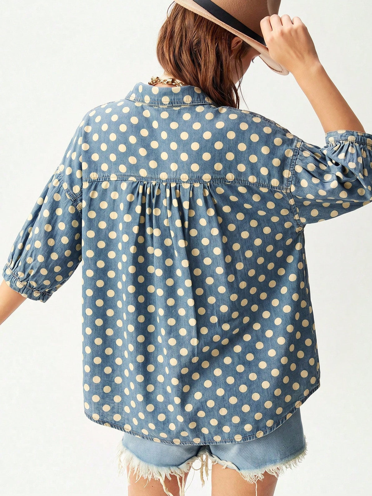 Bohemela Casual 2000s Denim Polka Dot Loose Fit Short Sleeve Blouse For Women Vacation Blue Polka Dot Polka Dot Summer Vacation Picnic