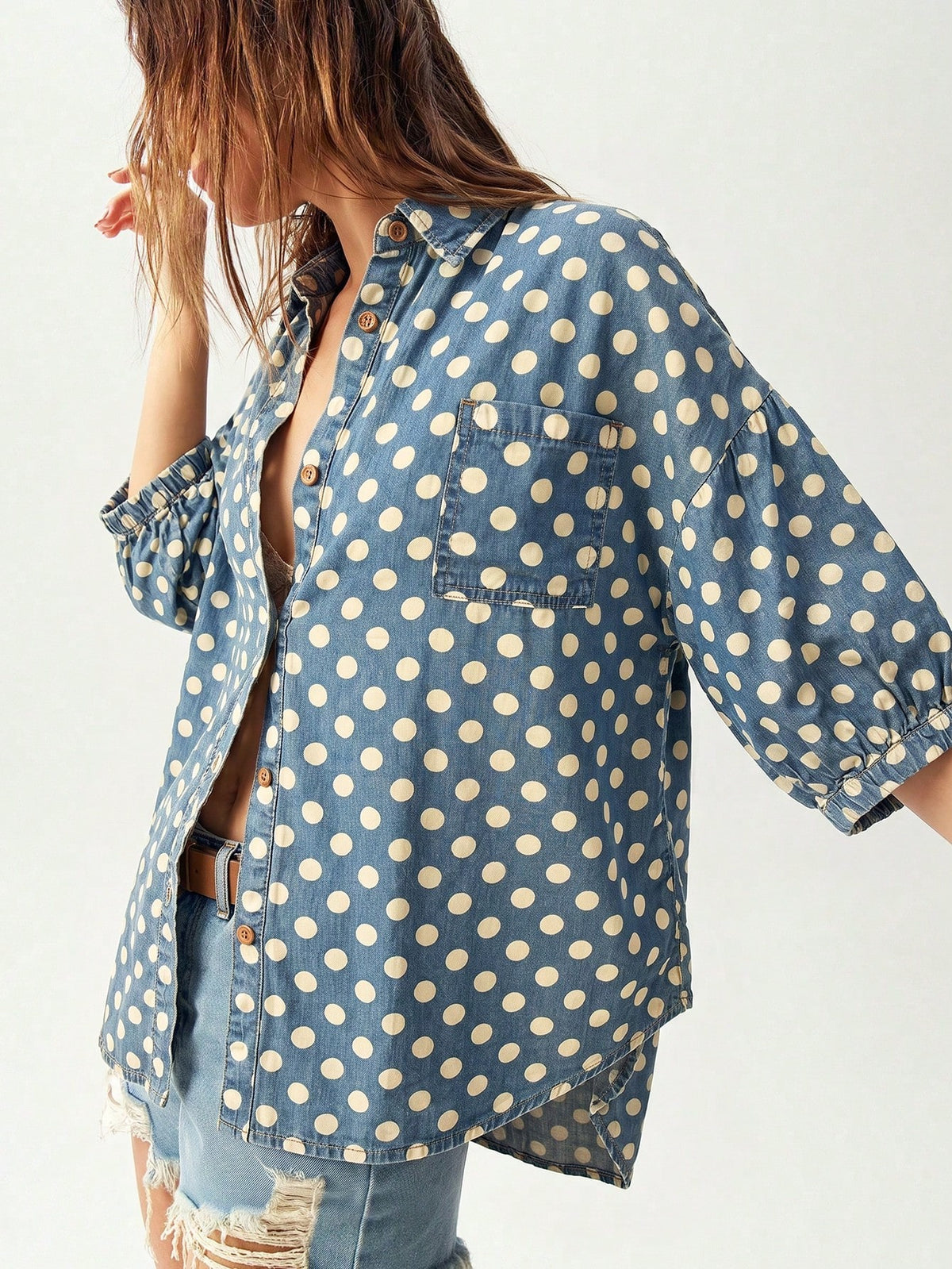 Bohemela Casual 2000s Denim Polka Dot Loose Fit Short Sleeve Blouse For Women Vacation Blue Polka Dot Polka Dot Summer Vacation Picnic