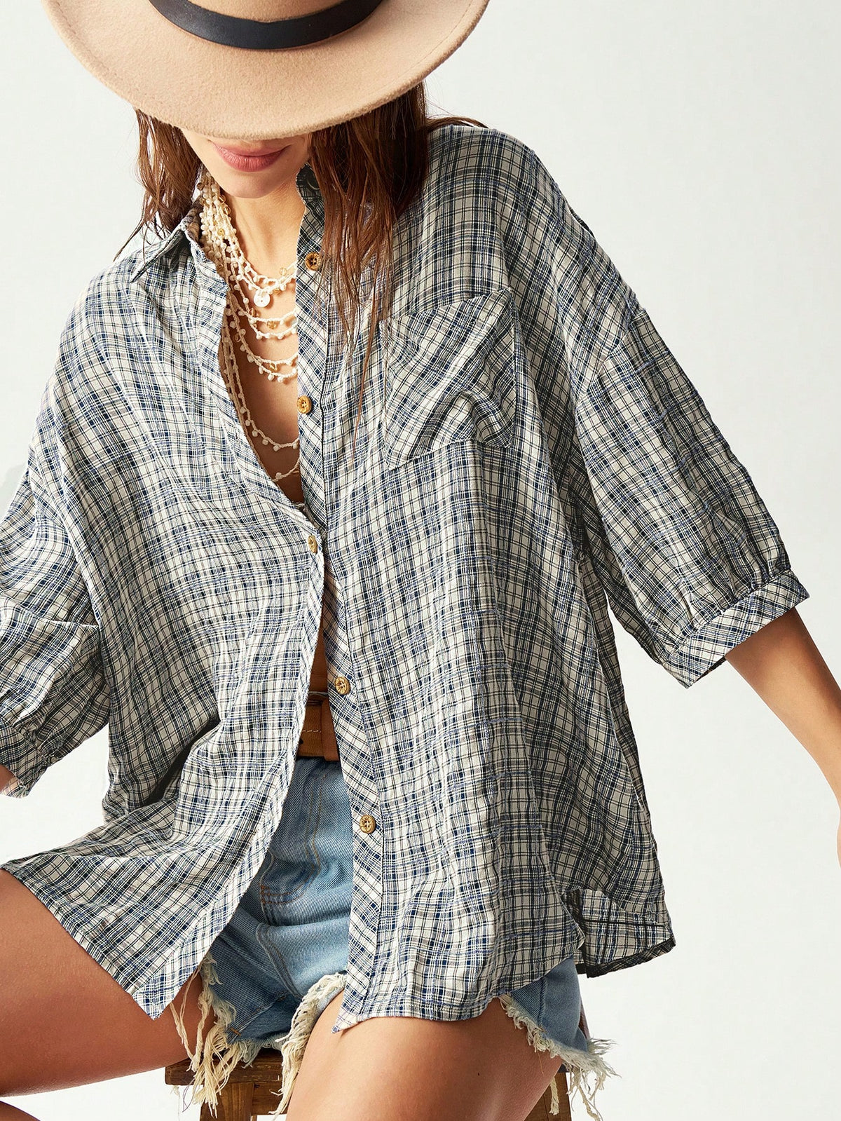 Bohemela Casual 2000s Denim Polka Dot Loose Fit Short Sleeve Blouse For Women Vacation Blue Polka Dot Polka Dot Summer Vacation Picnic