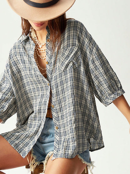 Bohemela Casual 2000s Denim Polka Dot Loose Fit Short Sleeve Blouse For Women Vacation Blue Polka Dot Polka Dot Summer Vacation Picnic